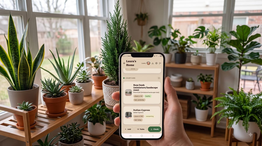 A phone held up in a bright plant-filled room, showing the Plant Tender app with a list of plants in Laura's Home