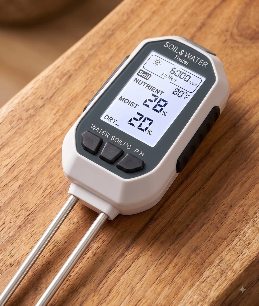 A four-in-one soil meter showing moisture, temperature, light and pH readings, resting on a warm wooden surface